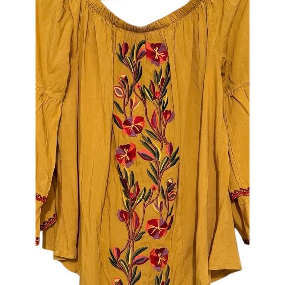 Solitaire Mustard Yellow Peasant Blouse Bell Sleeve Floral Embroidered Top M - Picture 4 of 6